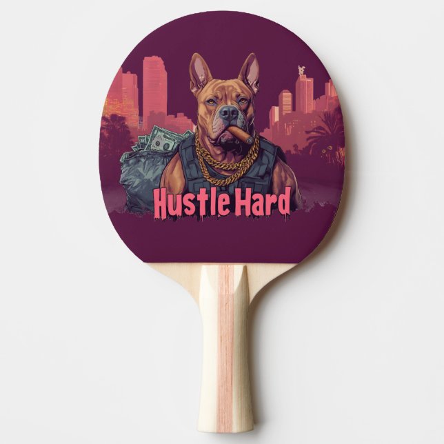 Raquette De Ping Pong Hustle Hard - Pitbull Chien avec de l'argent et Ci (Devant)