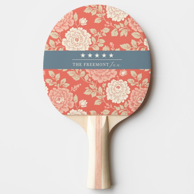 Raquette De Ping Pong Impression de bloc floral rouge blanc bleu étoiles (Devant)