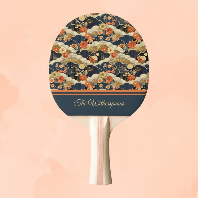 Raquette De Ping Pong Impression de fleurs et de nuages rétro sarcelle d (Créateur téléchargé)