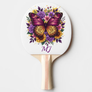 Raquette De Ping Pong Initiales de monogramme floral papillon élégant