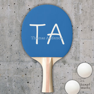 Raquette De Ping Pong Initiales et nom modernes en blanc et bleu