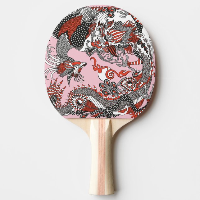 Raquette De Ping Pong Jade Dragon et Gold Phoenix jouant avec une perle  (Devant)