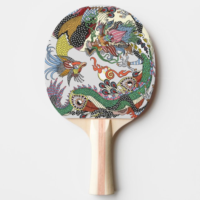 Raquette De Ping Pong Jade Dragon et Gold Phoenix jouant avec une perle  (Devant)