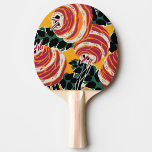 Raquette De Ping Pong Jaune Moutarde & Décor Floral Art Déco Orange