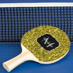 Raquette De Ping Pong Jaune or foncé faux paillettes scintillent Monogra