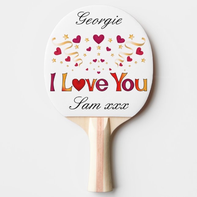 Raquette De Ping Pong JE T'AIME Rouge Coeur Or Ruban Vintage Valentine (Devant)