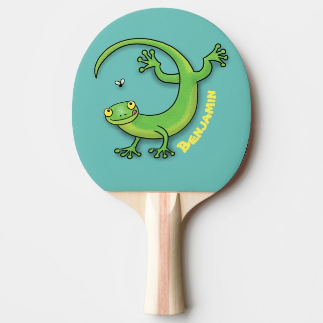 Raquette De Ping Pong Joli gecko vert salutations avec dessin animé (Devant)