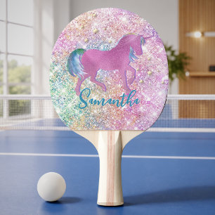 Raquette De Ping Pong Joli licorne arc-en-ciel rose paillettes monogramm