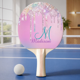 Raquette De Ping Pong Joli Licorne Rose Arc-en-Ciel Paillettes Gouttes P