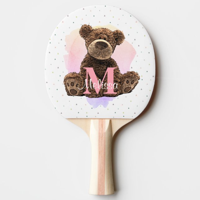 Raquette De Ping Pong Joli Monogramme Aquarelle Nom Ours en Teddy Rose (Dos)