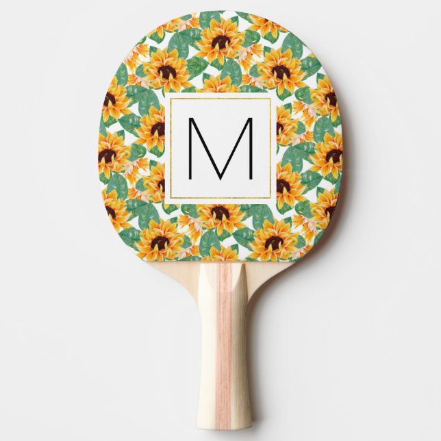 Raquette De Ping Pong Joli tournesol Jaune & Vert Motif Monogramme (Devant)