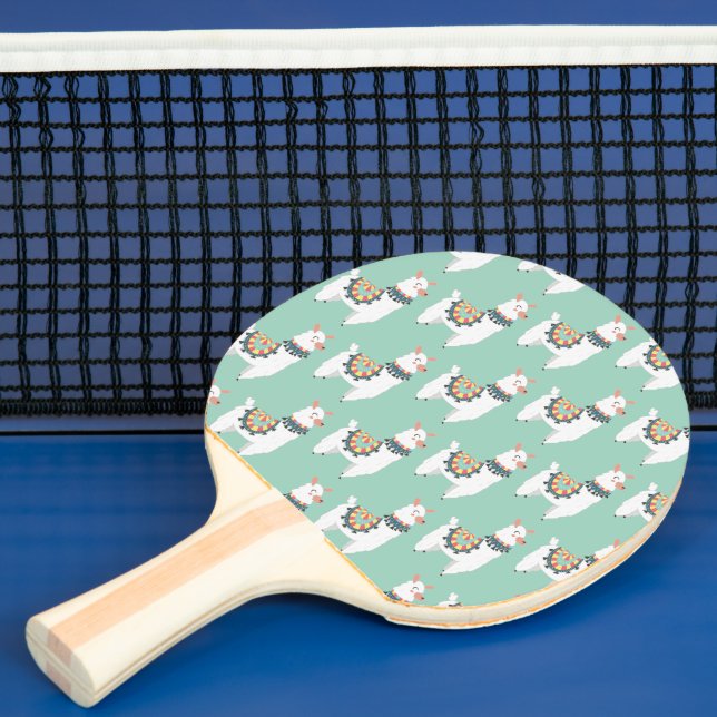 Raquette De Ping Pong Jolies Llamas Blanches Monogramme Nom Initial Vert (Insitu)