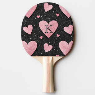 Raquette De Ping Pong Jolis cœurs roses Glam sur monogramme à paillettes