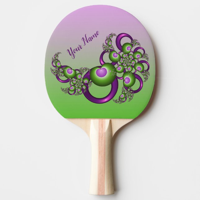 Raquette De Ping Pong Jolis cœurs roses verts modernes fractale Nom (Devant)