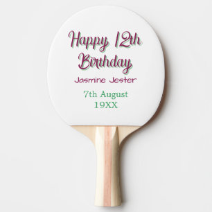 Raquette De Ping Pong joyeux 12ème anniversaire vert rose nom date simpl