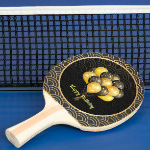 Raquette De Ping Pong Joyeux anniversaire, élégant noir et or,