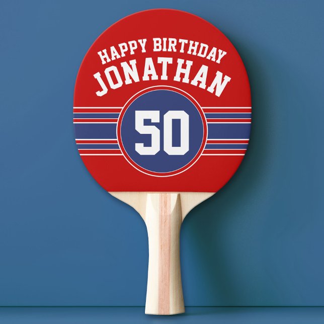 Raquette De Ping Pong Joyeux Anniversaire Sports Stripes avec Age Red Bl (Custom Ping Pong Paddle - Team or College colors Sports Jersey)