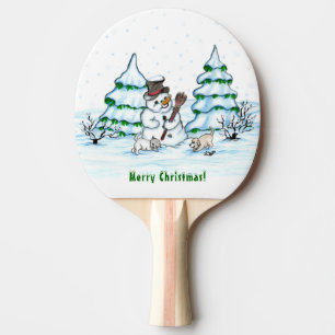 Raquette De Ping Pong Joyeux Noël ! Snowman avec chat et chiot