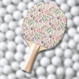 Raquette De Ping Pong Lapin Gris Mignon avec des Tulipes Colorées