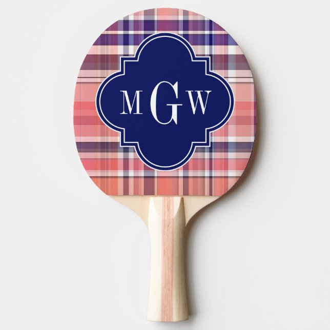 Raquette De Ping Pong Light Coral Navy Whats Preppy Madras Monogramme (Devant)