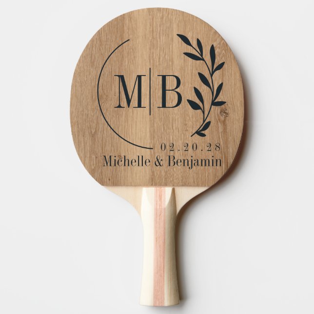 Raquette De Ping Pong Light Teak Wood Leaf Wedding Monogram (Dos)