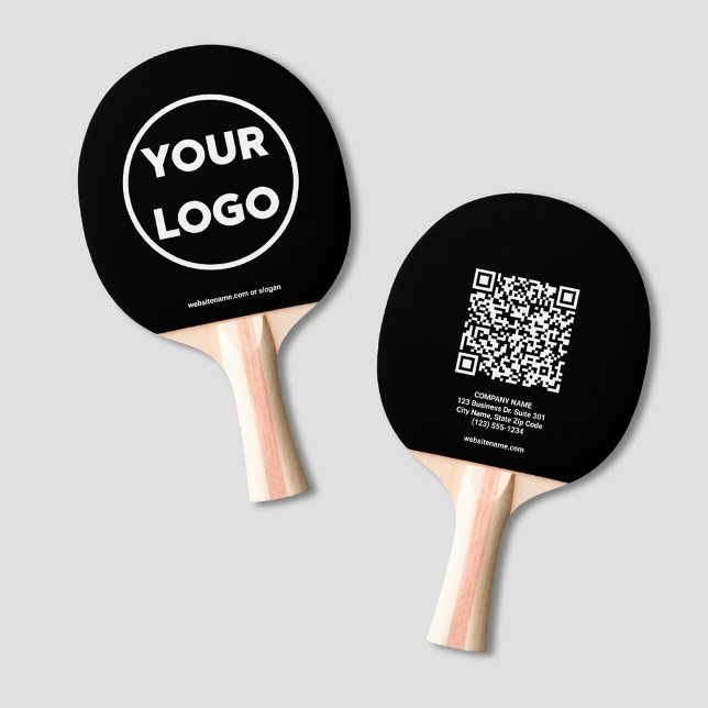 Raquette De Ping Pong Logo professionnel personnalisé Code QR Texte de m (Custom Business Logo QR Code Text Black Branded Ping Pong Paddle, front/back)
