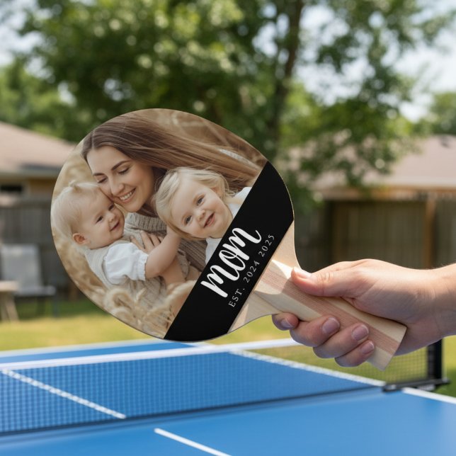 Raquette De Ping Pong Maman minimale établie script photo noir (fun custom photo mom established date years ping pong paddle gift for mother's day or christmas)