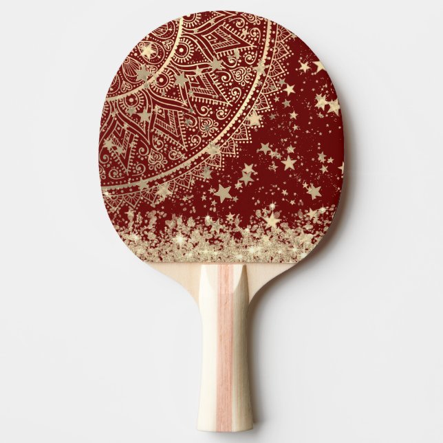 Raquette De Ping Pong Mandala enchanteur avec étoiles d'or sur rouge (Devant)