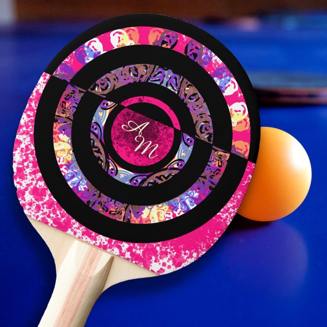 Raquette De Ping Pong Mandala Moderne Monogramme Rose  (Créateur téléchargé)