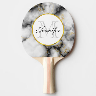Raquette De Ping Pong Marbre blanc moderne avec Monogramme de ruban or