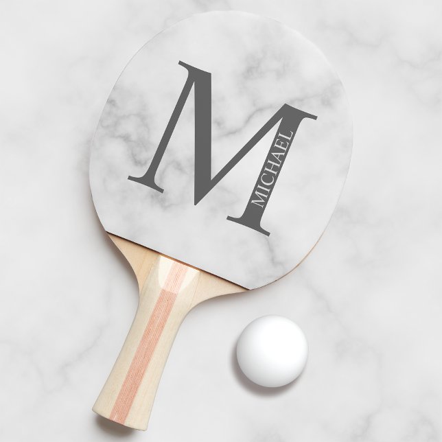 Raquette De Ping Pong Marbre blanc Monogramme personnalisé et nom (Créateur téléchargé)