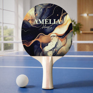 Raquette De Ping Pong Marbre noir bleu élégant art faux paillettes dorée
