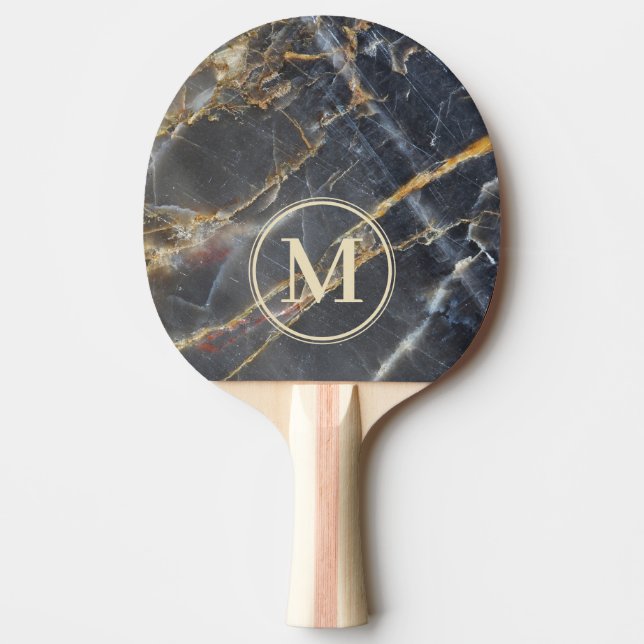 Raquette De Ping Pong Marbre Noir et Or Pierre Monogramme (Devant)