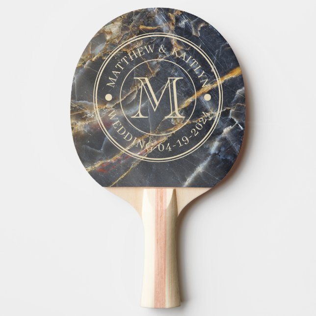 Raquette De Ping Pong Marbre Noir et Pierre Dorée Monogramme de Mariage (Devant)