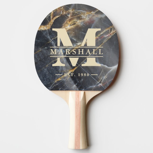 Raquette De Ping Pong Marbre noir et pierre dorée monogramme et superpos (Dos)