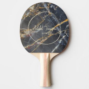 Raquette De Ping Pong Marbre Noir & Pierre Dorée Nom dans Cercle Dessiné