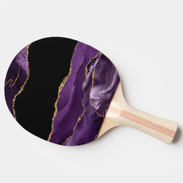 Raquette De Ping Pong Marbre Noir Violet Agate Glam Pailleté Doré (Côté)