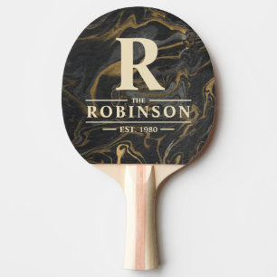 Raquette De Ping Pong Marbre Tourbillonnant Noir Doré Nom de Famille & I
