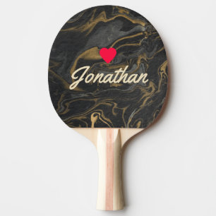 Raquette De Ping Pong Marbre tourbillonnant noir or vintage cœur signatu