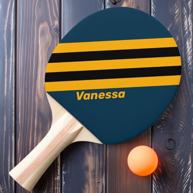 Raquette De Ping Pong Marée Rétro au Clair de Lune  Rayures avec Nom (Créateur téléchargé)