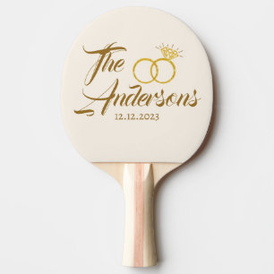 Raquette De Ping Pong Mariage moderne Couple Anneau Faveur Nom Date Gold