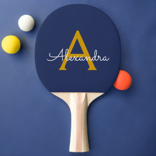 Raquette De Ping Pong Marine Blue Gold Modern Script Girl Monogramme Nom