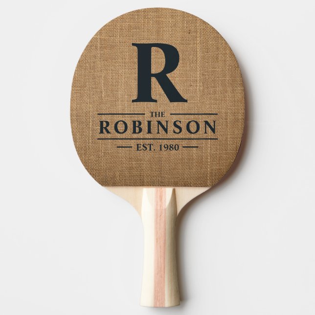 Raquette De Ping Pong Marron Burlap Nom de Famille & Initiale (Devant)