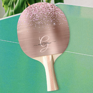 Raquette De Ping Pong Métal Rose Gold, Paillettes, Nom en Écriture et Mo