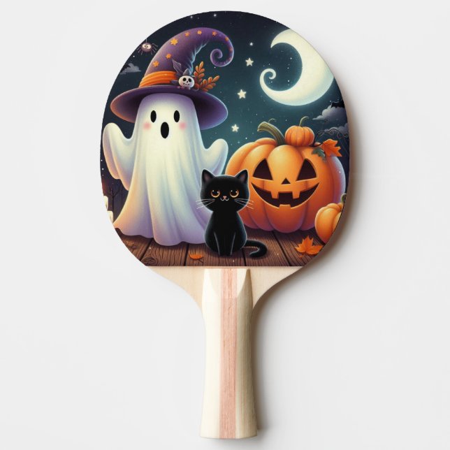 Raquette De Ping Pong Mignonne, citrouille d'Halloween, chat & fantôme (Devant)
