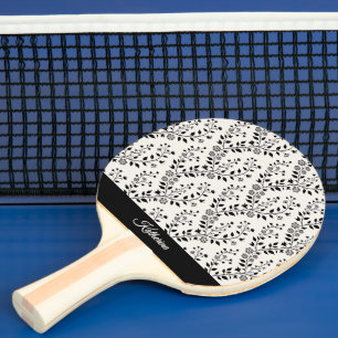 Raquette De Ping Pong Minimaliste Vintage Noir Crème Floral Script