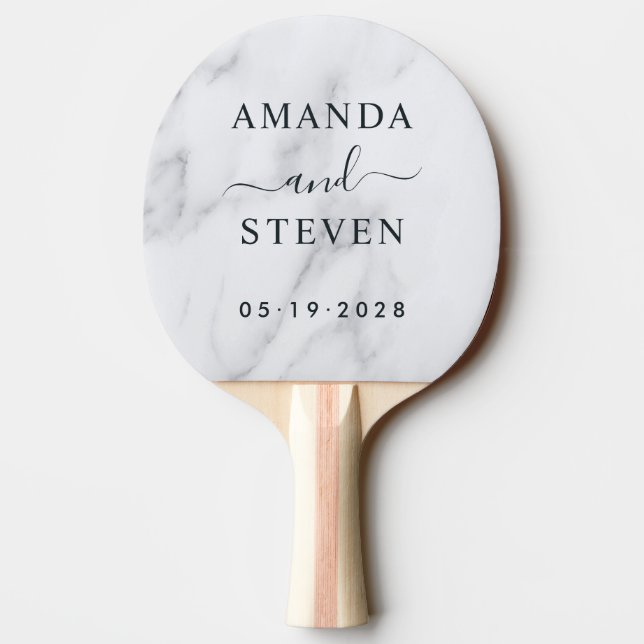 Raquette De Ping Pong Modern Clean White Couple Names with Wedding Date (Dos)
