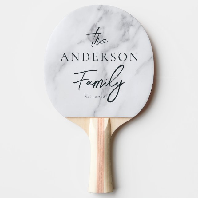 Raquette De Ping Pong Modern Clean White Marble Hand Written Family Name (Devant)