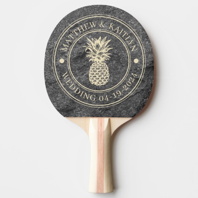 Raquette De Ping Pong Modern Dark Granite Pineapple Wedding Crest & Name (Devant)