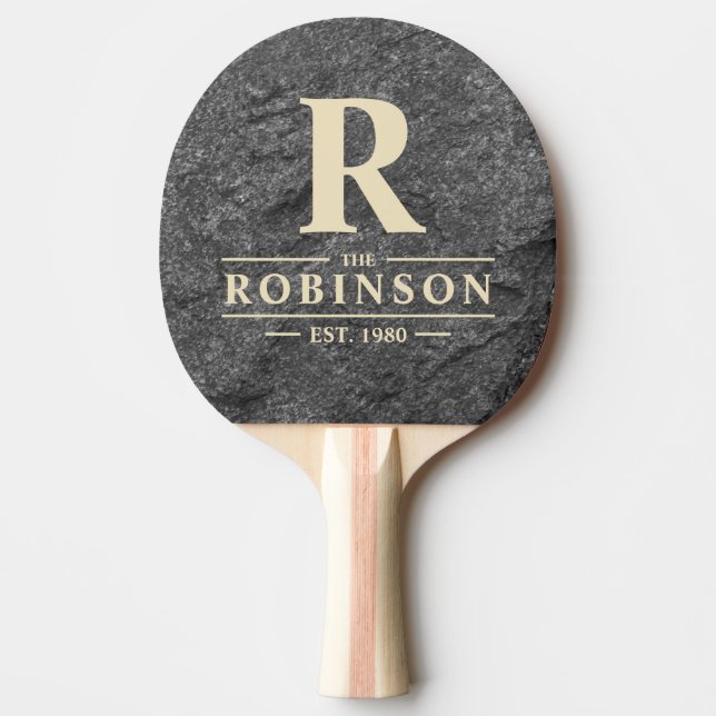 Raquette De Ping Pong Modern Dark Granite Stone Family Name & Initial (Devant)